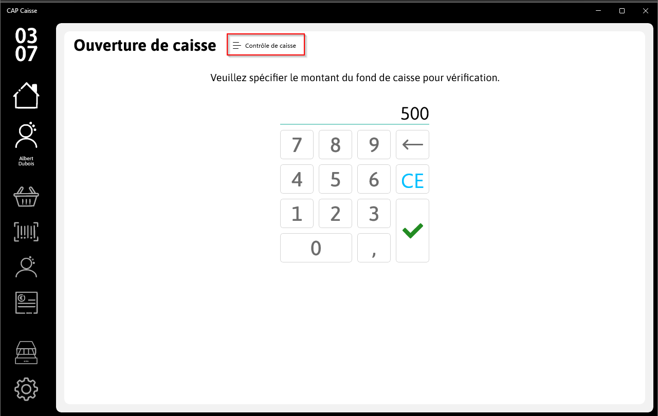 Saisir le montant du fonds de caisse en mode Contrôle de caisse