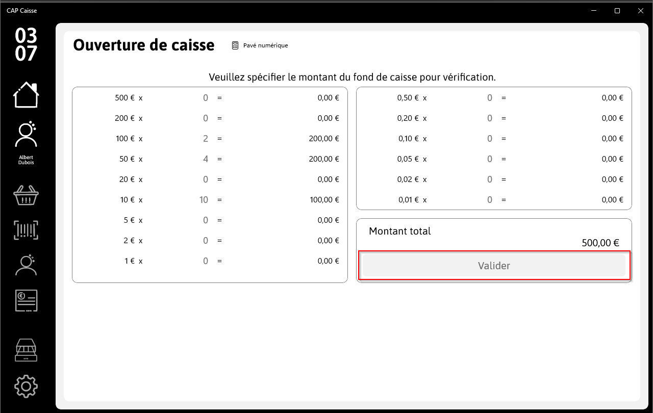 Saisir le montant du fonds de caisse en mode Contrôle de caisse