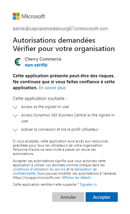 Autorisation d'accès de CAP Caisse à Business Central