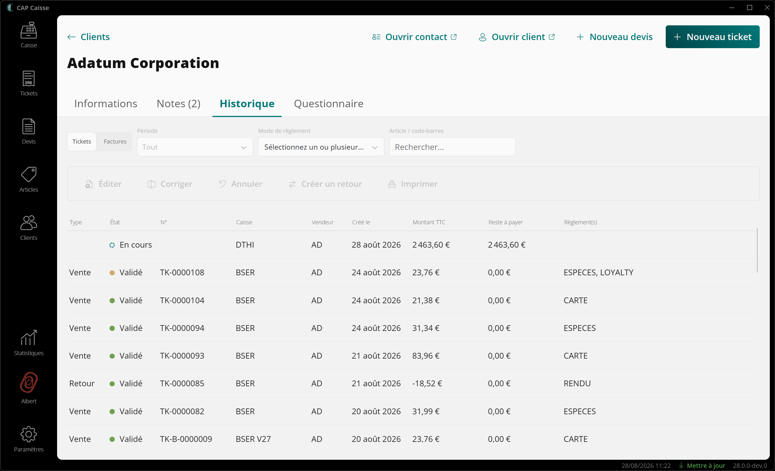 Historique des tickets et factures