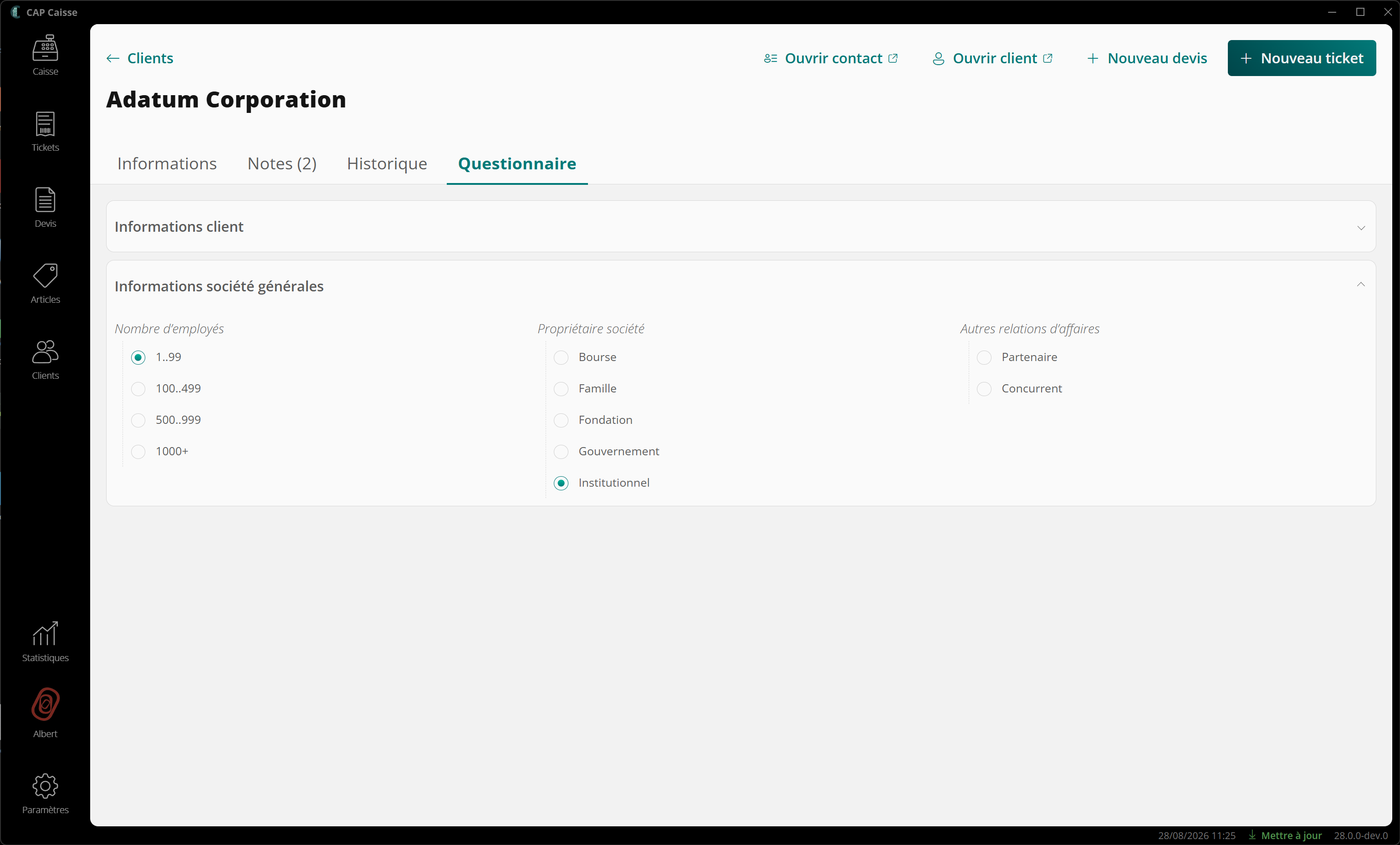 Questionnaire avec réponses personnalisés pour ce contact