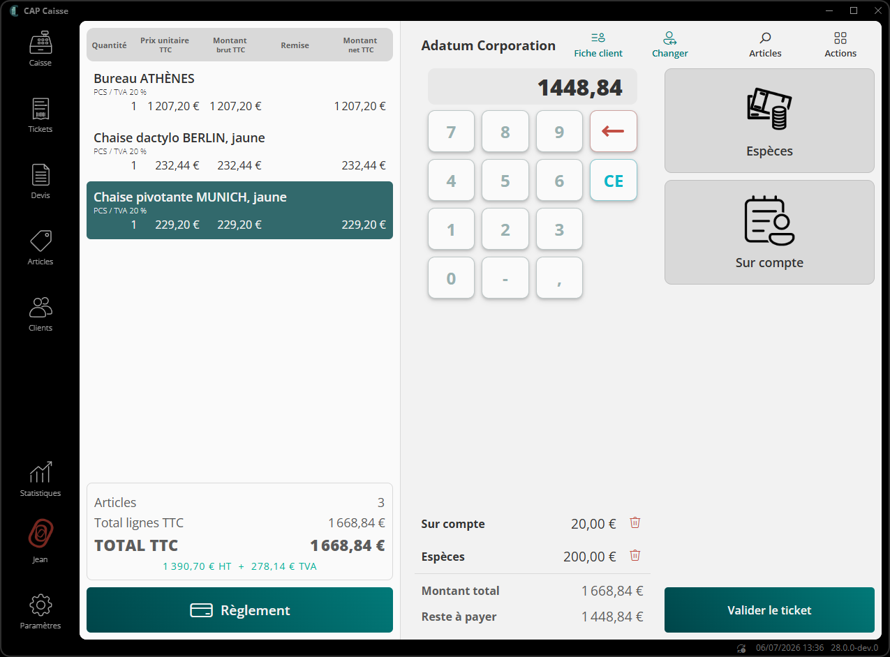 Interface de gestion des paiements du ticket en cours