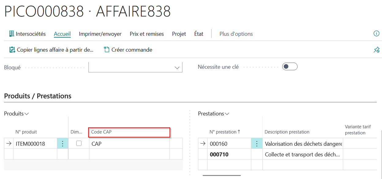 Le champ Code CAP sur une ligne produit affaire