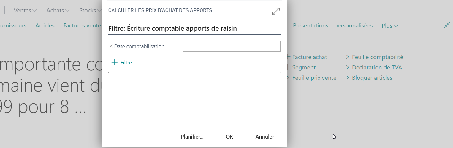 Ecran d'affectation des prix du raisin aux apports