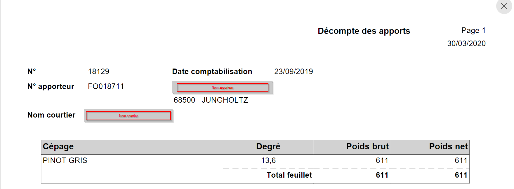 Aperçu de l'édition du décompte des apports