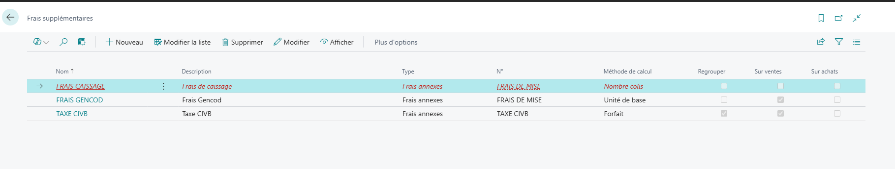 Liste avec frais incomplet