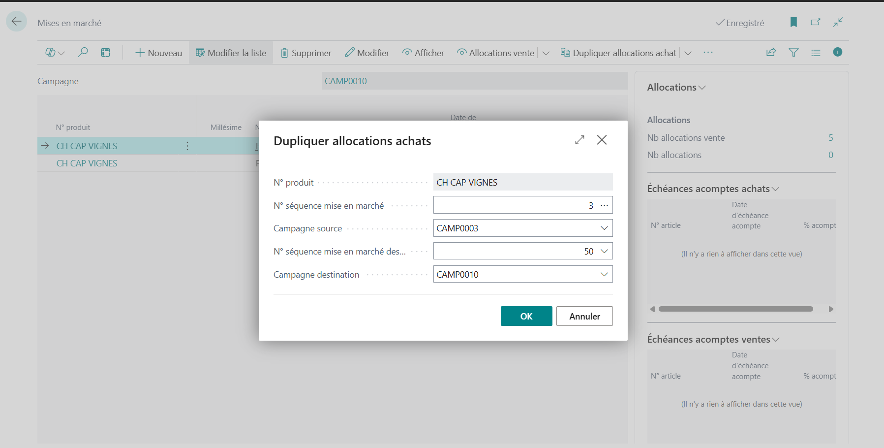 Fenêtre de duplication des allocations achat