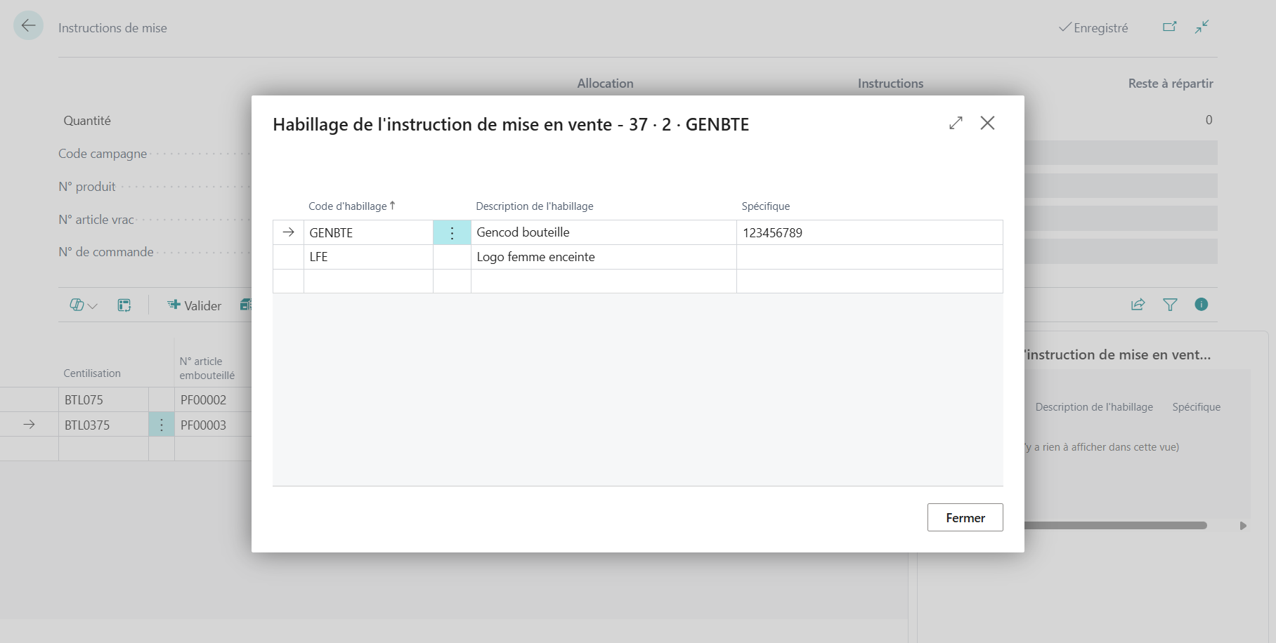 Page de saisie des habillages