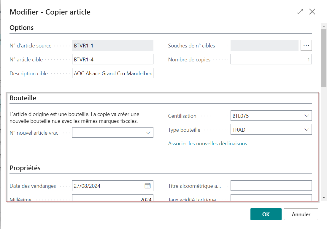 Renseigner les informations à copier