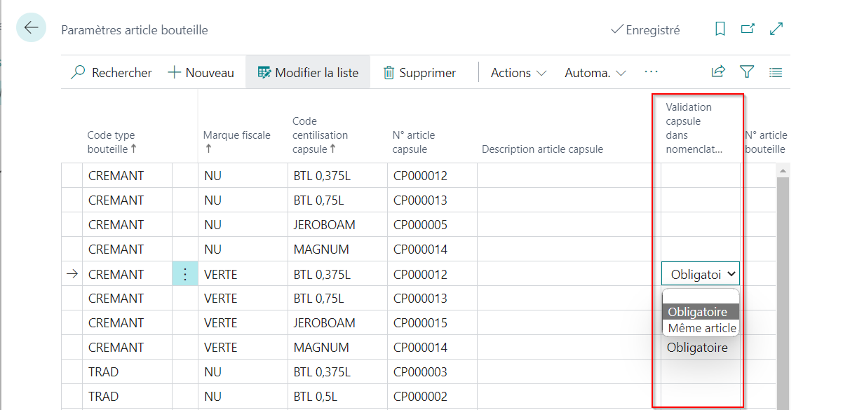 Faire valider le contenu de la nomenclature lors d'un mouvement de bouteille