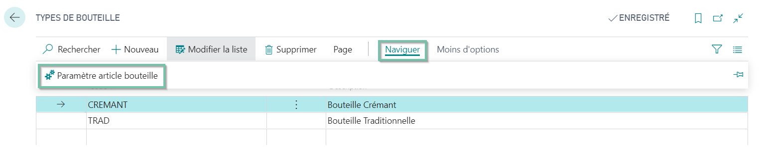 Ouvrir les paramètres article bouteille