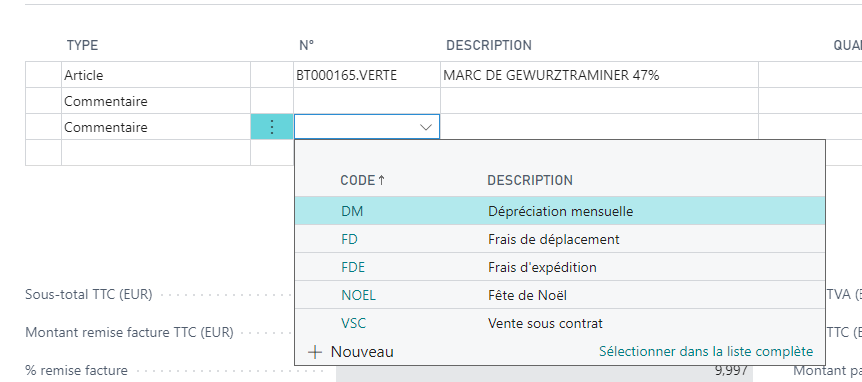 Ajouter le code texte standard dans un document vente