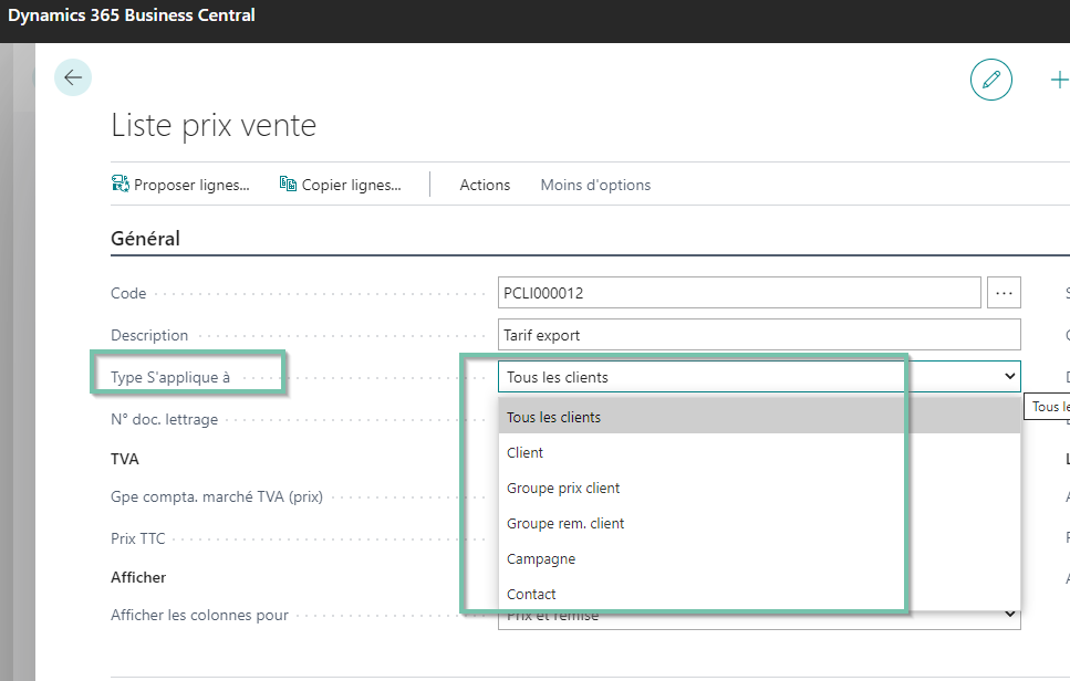 Liste prix vente
