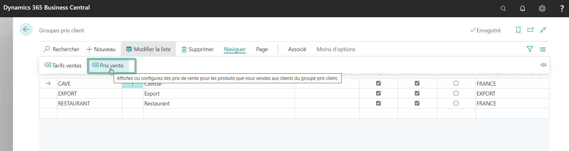 Liste prix vente