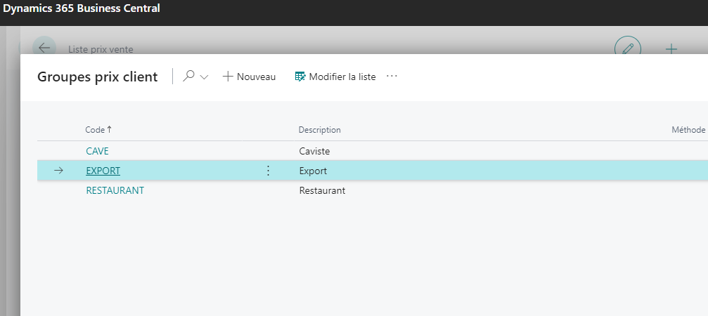 Liste prix vente