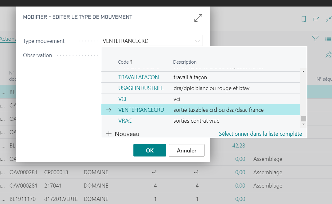 Sélectionner le nouveau type de mouvement