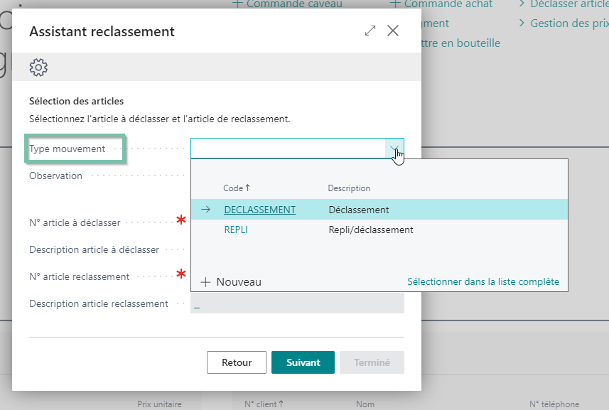 Saisie des articles à déclasser et repli