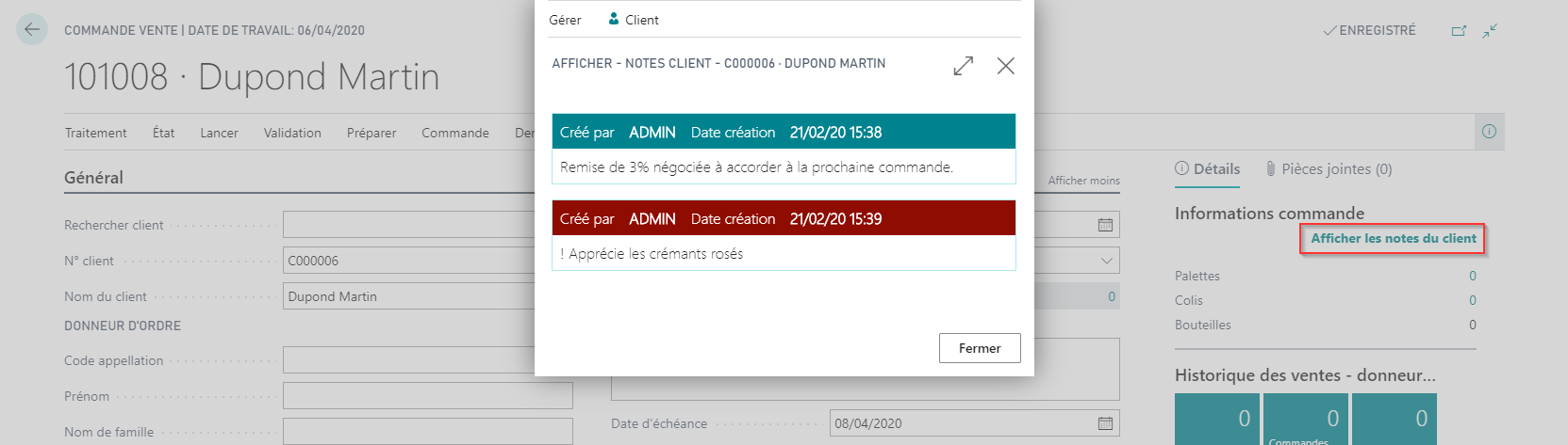 Afficher les notes du client