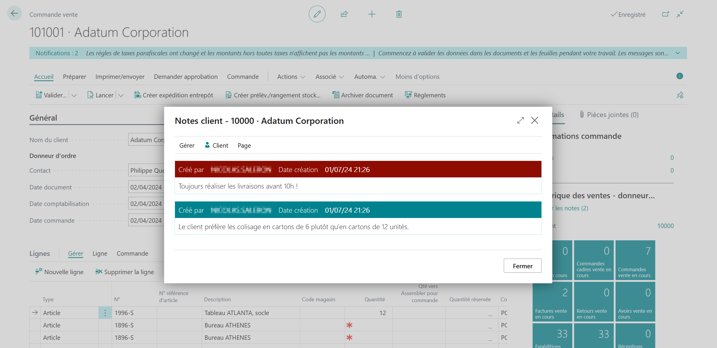 Exemple de notification des notes clients depuis une commande de vente
