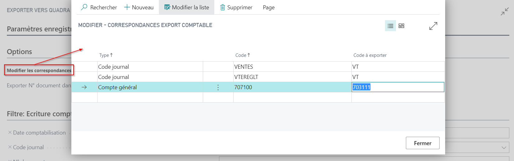 Paramétrage des correspondances avec Quadra